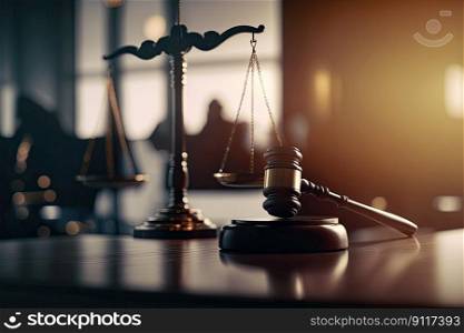 Scales Gavel legal justice court system symbols. Generative AI
