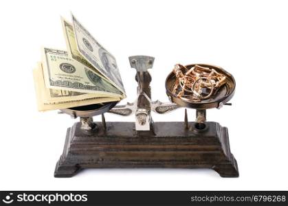 scales, money and gold isolated on white background