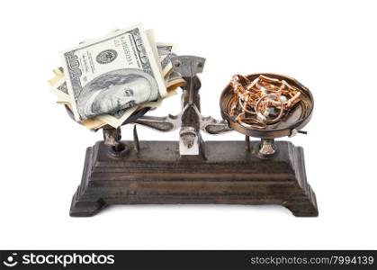 scales, money and gold isolated on white background