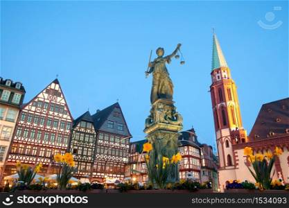 Scales of Justice at Romerberg square, the old town center, and the Romer, with the Old Nikolai Church, Frankfurt, Hesse, Germany