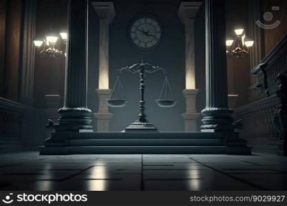 Scales of Justice in the dark Court Hall, law concept, digital illustration painting, Generative AI
