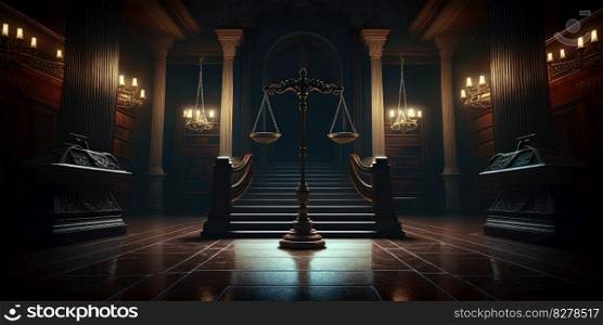 Scales of justice in the dark court hall. Law concept. distinct generative AI image.. Scales of justice in the dark court hall. Law concept