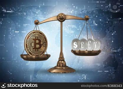 Scales with bitcoins and other currencies - 3d rendering