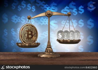 Scales with bitcoins and other currencies - 3d rendering
