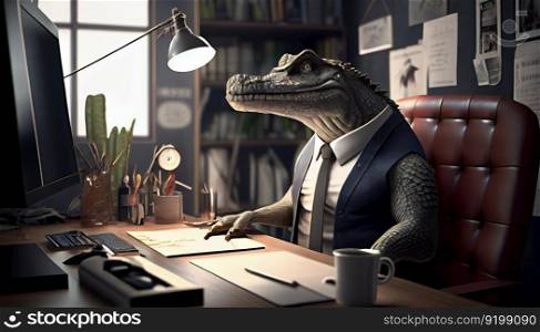 Scaly crocodile alligator wearing a textured business suit in an office setting at a desk. Generative ai illustration. . Scaly crocodile alligator wearing a textured business suit in an office setting at a desk. Generative ai. 