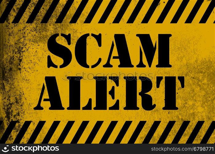 Scam alert sign yellow with stripes, 3D rendering