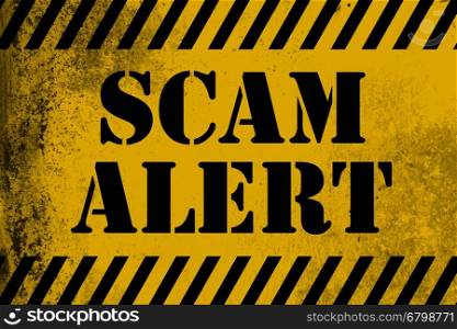 Scam alert sign yellow with stripes, 3D rendering