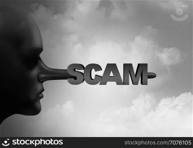 Scam concept as a scamming person with a liar pinocchio long nose with text as a symbol for criminal dishonesty with 3D illustration elements.