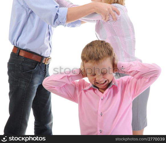 Scandal in the family. Parents share child. Isolated on white background