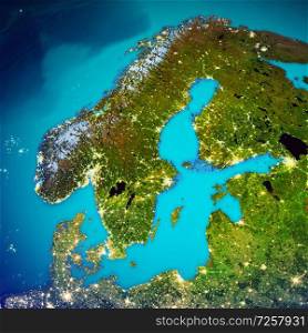 Scandinavia space map. Elements of this image furnished by NASA. 3d rendering. Scandinavia space map