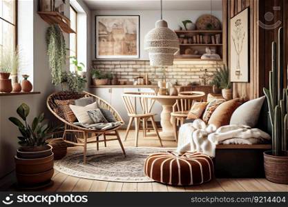 scandinavian-boho interior with natural textures and warm wooden accents, created with generative ai. scandinavian-boho interior with natural textures and warm wooden accents