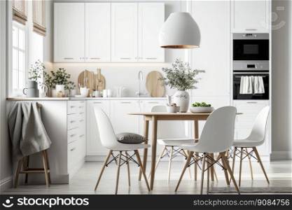 Scandinavian classic white kitchen with wooden details. Illustration Generative AI 