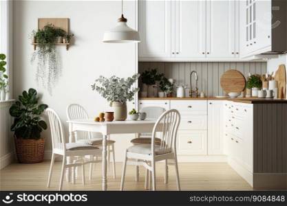 Scandinavian classic white kitchen with wooden details. Illustration Generative AI 