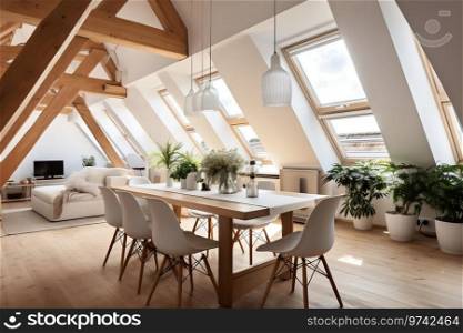 Scandinavian Dining Room in Attic with Wooden Beams. Generative ai. High quality illustration. Scandinavian Dining Room in Attic with Wooden Beams. Generative ai