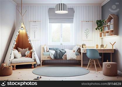 Scandinavian interior design of playroom with wooden cabinet, armchairs, Spacious child room with window, play tent, sack chair, poster mockup, Generative AI