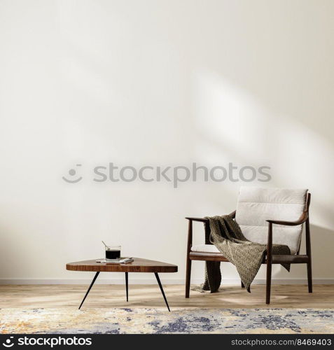 Scandinavian minimalist interior background with armchair with blanket and coffee table, rug, empty white wall mock up, 3d rendering