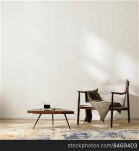 Scandinavian minimalist interior background with armchair with blanket and coffee table, rug, empty white wall mock up, 3d rendering