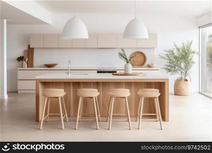 Scandinavian Minimalist Kitchen with Island and Dining Space. Generative ai. High quality illustration. Scandinavian Minimalist Kitchen with Island and Dining Space. Generative ai