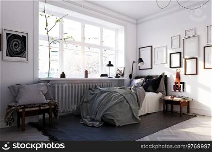 scandinavian style bedroom interior. 3d rendering concept design