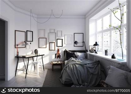 scandinavian style bedroom interior. 3d rendering concept design