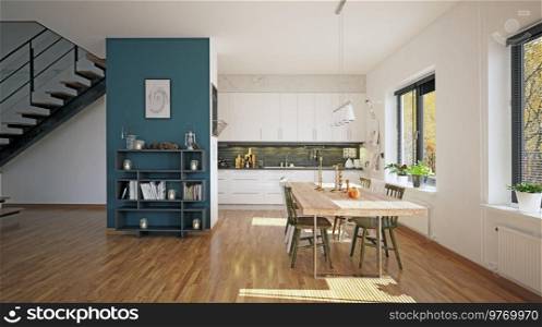 Scandinavian style kitchen design. 3d rendering concept