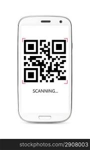 scanning QR code modern touch screen smartphone isolated on white background