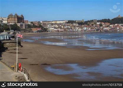 Scarborough. United Kingdom. 09.19.19. The beach at low tide in the seaside resort of Scarborough on the North Yorkshire coast in the northeast of England.