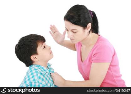 Scared 8 year old boy being abused or abducted by adult female.