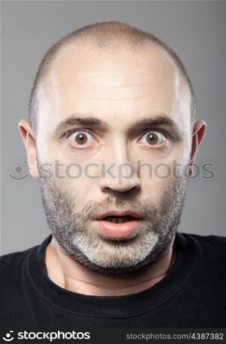 scared man portrait isolated on gray background