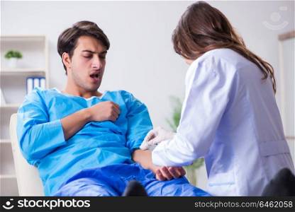 Scared patient man getting ready for flu shot