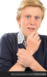 Scared teenage boy isolated against white background