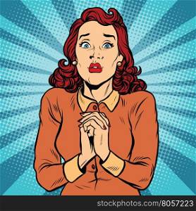 Scared woman hands folded in prayer, pop art retro vector illustration. religion and emotions