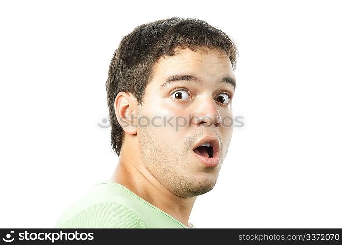 scared young man portrait isolated on white background