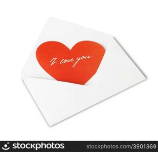 Scarlet heart in a white envelope on the white background