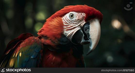 Scarlet macaw parrot on forest background. Generative AI.. Scarlet macaw parrot on forest background. Generative AI