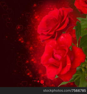 scarlet roses on dark bokeh background with hearts