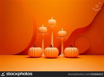 Scary 3D scene background for Halloween with a pumpkin on pedestal candles. empty space Ai generated