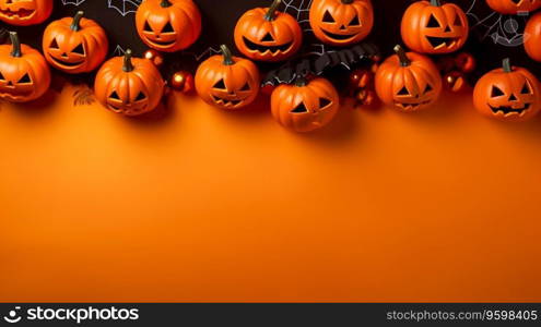 Scary 3D scene background for Halloween with a pumpkin on pedestal candles. empty space Ai generated