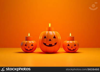 Scary 3D scene background for Halloween with a pumpkin on pedestal candles. empty space Ai generated