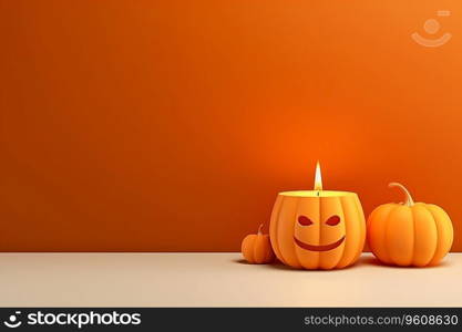 Scary 3D scene background for Halloween with a pumpkin on pedestal candles. empty space Ai generated