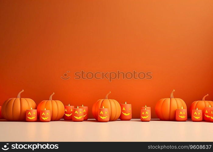 Scary 3D scene background for Halloween with a pumpkin on pedestal candles. empty space Ai generated