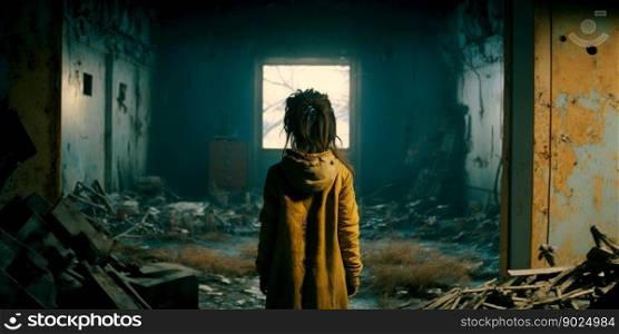 Scary beautiful young woman at post apocalyptic future, girl walks in damaged house after earthquake