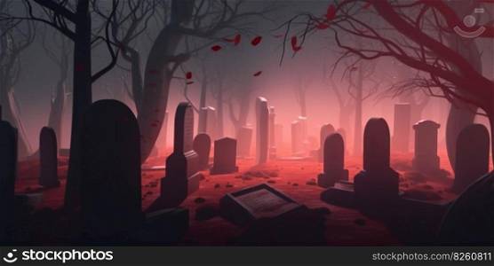 Scary cemetery illustration, stone tombstones among the trees in the forest in the fog. AI generated illustration. Scary cemetery illustration. AI generated