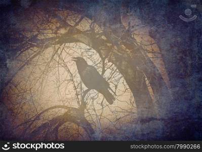Scary crow on a tree branch concept calling and crowing in a mystical magical dark forest on a grunge old vintage background texture as a symbol for fear and mystery.