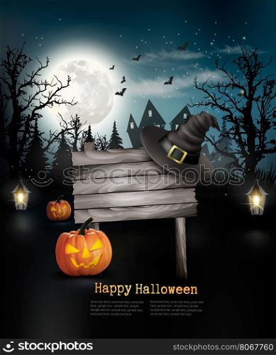 Scary Halloween background with a wooden sign. Vector.