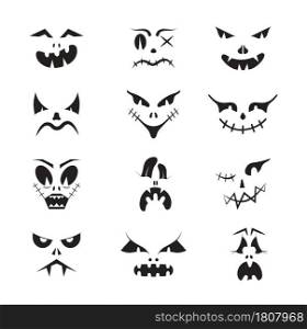 Scary Halloween faces vector set. Halloween pumpkin or ghost grimaces. Terrible eyes and mouth with a silhouette style. Emotions of skeletons for makeup, a night party.. Scary Halloween faces vector set. Halloween pumpkin or ghost grimaces.