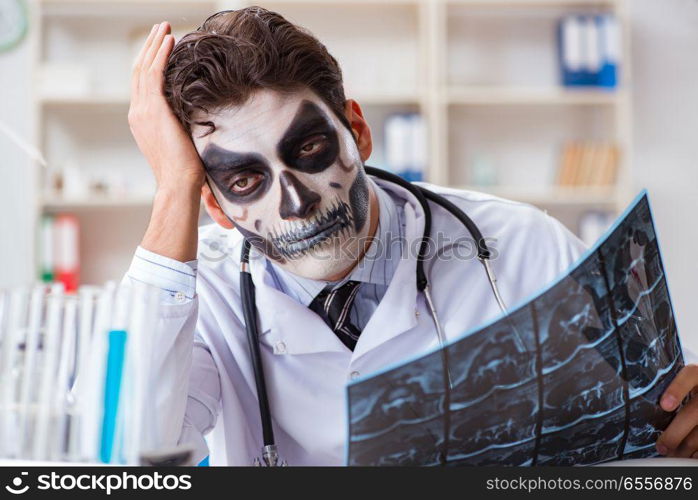 Scary monster doctor working in lab