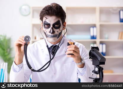 Scary monster doctor working in lab