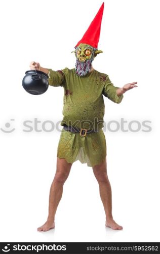 Scary monster with pot of meals isolated on white