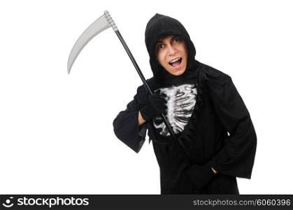 Scary monster with scythe isolated on white
